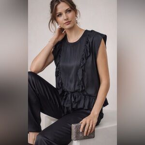 NWT Zadig & Voltaire Toundra Charcoal Satin Ruffle Cap Sleeve Blouse Sz S